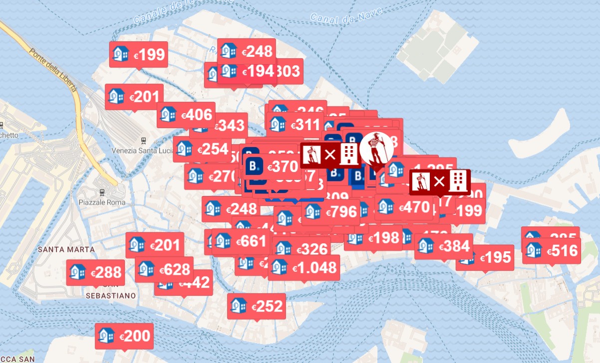 Hotels und Unterkünfte in Venedig - Interaktive Übersichtskarte